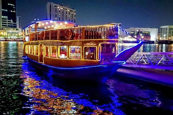Dhow cruise dinner on Dubai Creek at night